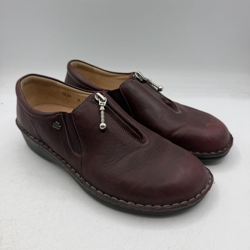 Finn Comfort Clogs Womens Sz EU 38 US 7-7.5 Burgundy Leather Front Zip Shoes